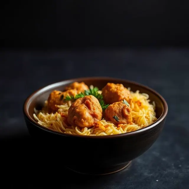 Chicken biryani served in a dark ceramic bowl