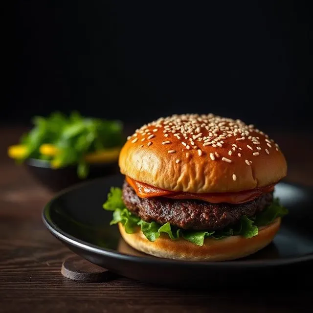 Classic burger with a sesame bun on a dark plate
