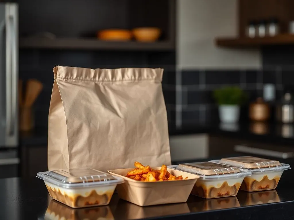 Sealed takeaway containers and a paper bag ready for pickup on a kitchen counter