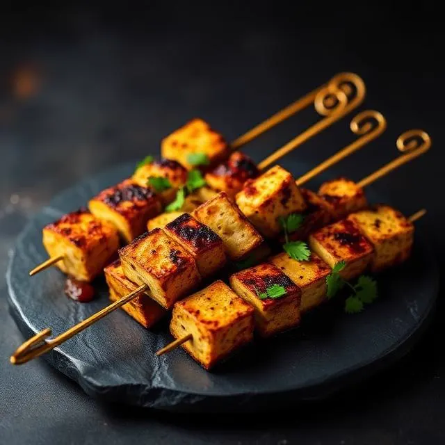 Grilled paneer tikka skewers on a slate plate