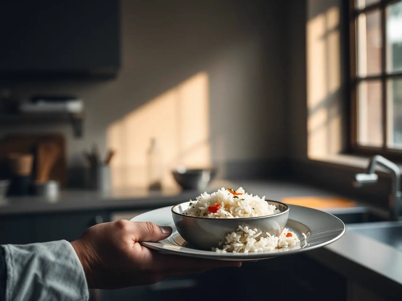 A finished rice bowl being carried across a calm kitchen pass
